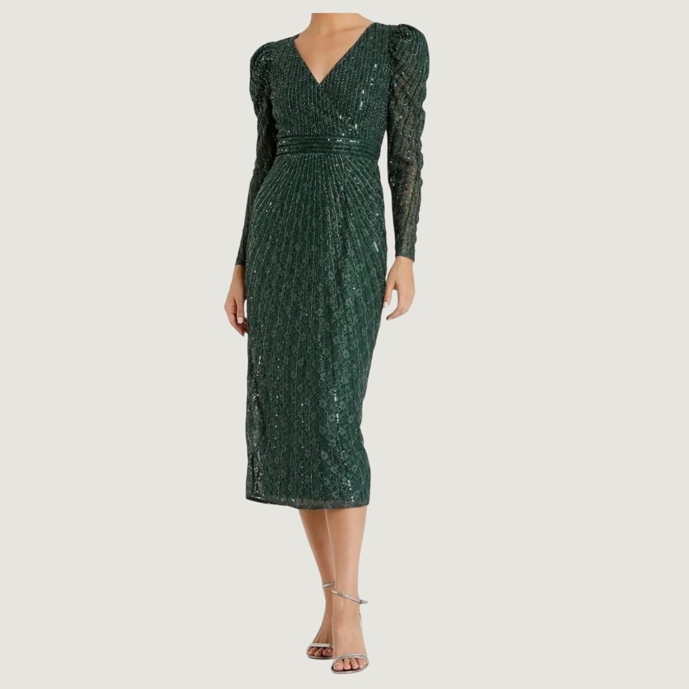Mac Duggal 93676 Beaded Sequin Lace Midi Dress Gown Size 0 Deep Green Elephant